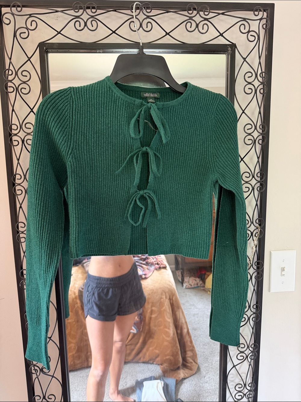 wild fable Forest Green Ribbed Tie-Front Cropped Sweater with under shirt